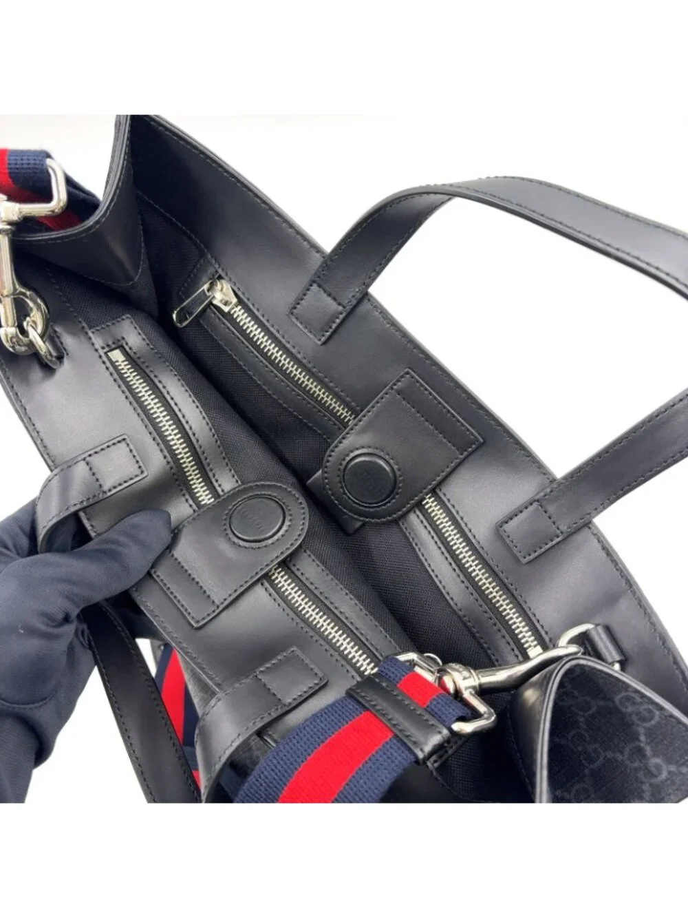 Gucci GG Supreme Leather Canvas Black Tote Bag Silver